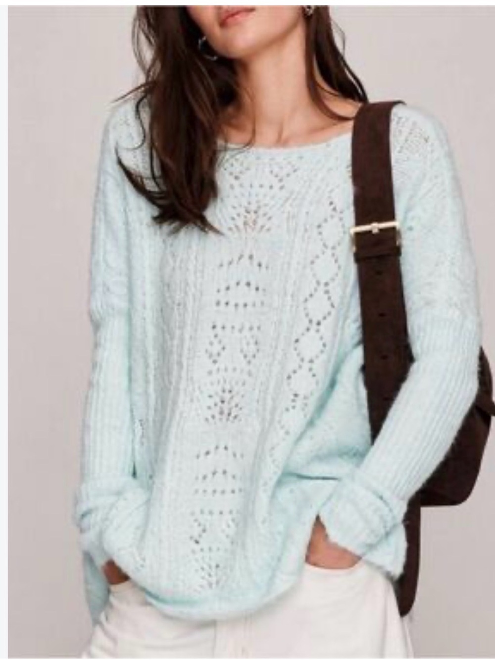 Anthropologie Pale Aqua Open-Knit Crewneck Sweater